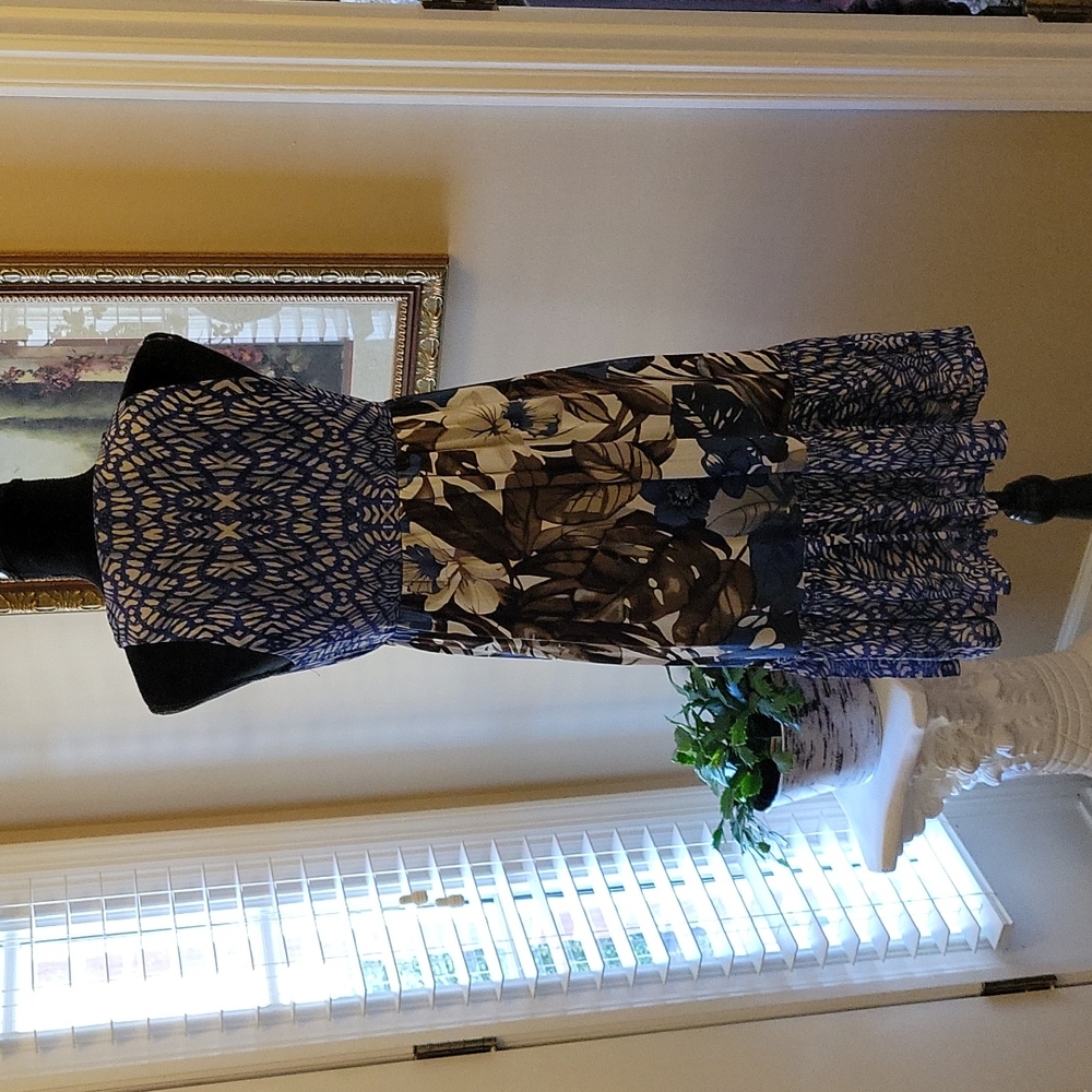 Karen Kane blue brown black floral Vneck sleeveless dress empire waist S…EUC - Picture 4 of 7